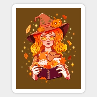 Fall Autumn Magic Witch with Fox and Falling Leaves Magnet